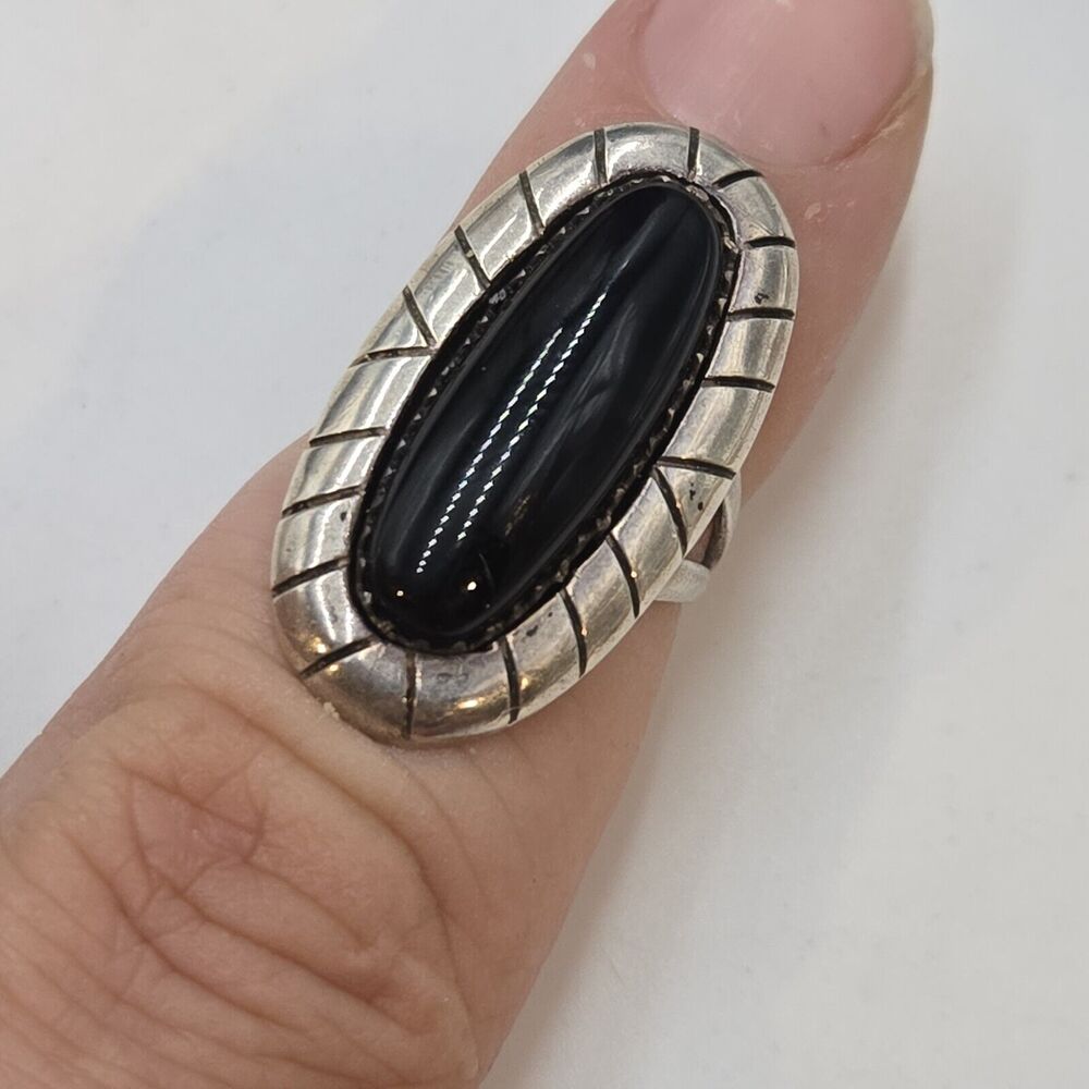 Vintage Sterling Signed T Old Pawn Black Onyx Ring sz 5.5 Large Statement
